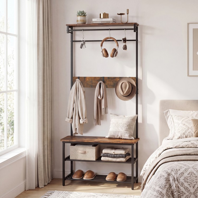 Coat rack hall tree featuring a sturdy bench, removable hooks, and rustic wood grain, perfect for functional bedroom.
