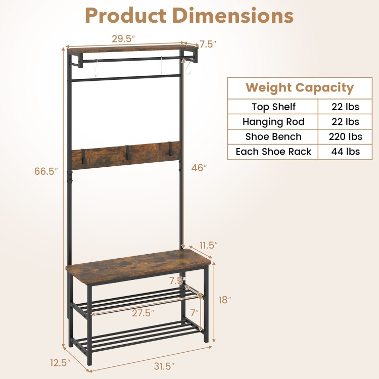 Coat rack hall tree with shoe bench, removable hooks, and rustic wood grain, ideal for entryway storage and seating.