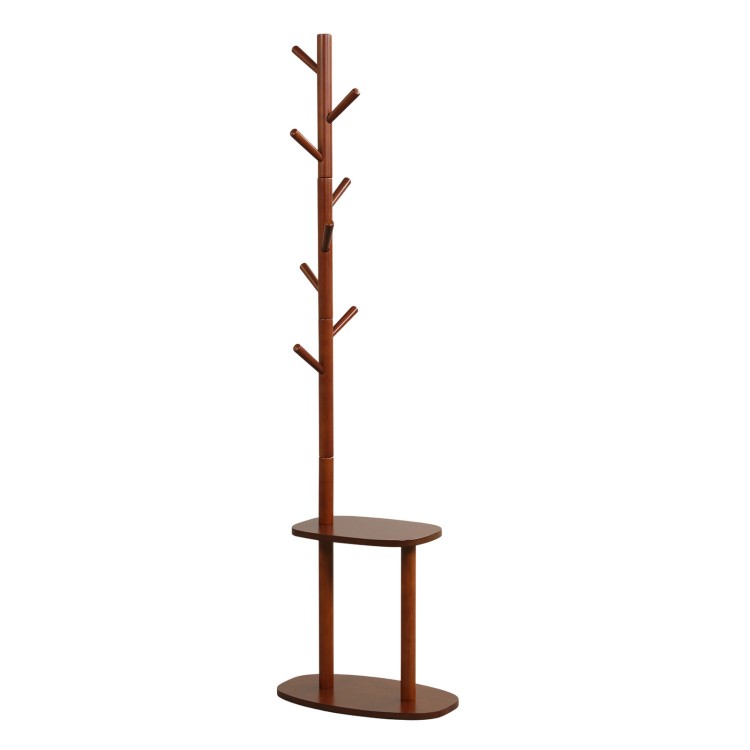 Coat rack featuring 8 staggered rubber wood hooks and 2 shelves in walnut, perfect for versatile home organization.
