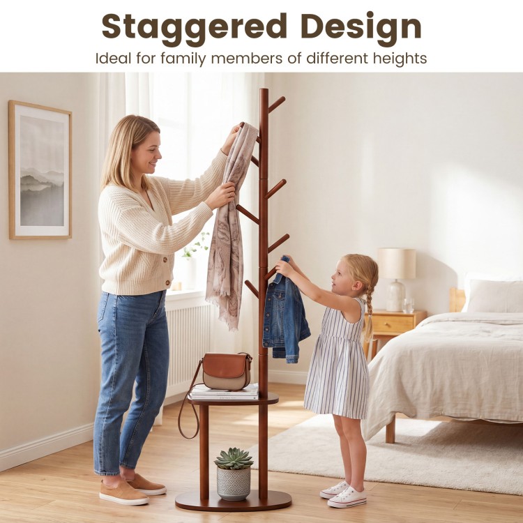 Coat rack with 8 rubber wood hooks and 2 storage shelves in walnut finish, ideal for entryways and family use.