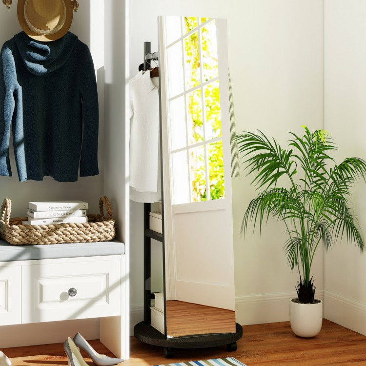 Freestanding coat rack with full-length mirror in walnut, featuring 3 hooks and storage shelves for organized entryways.