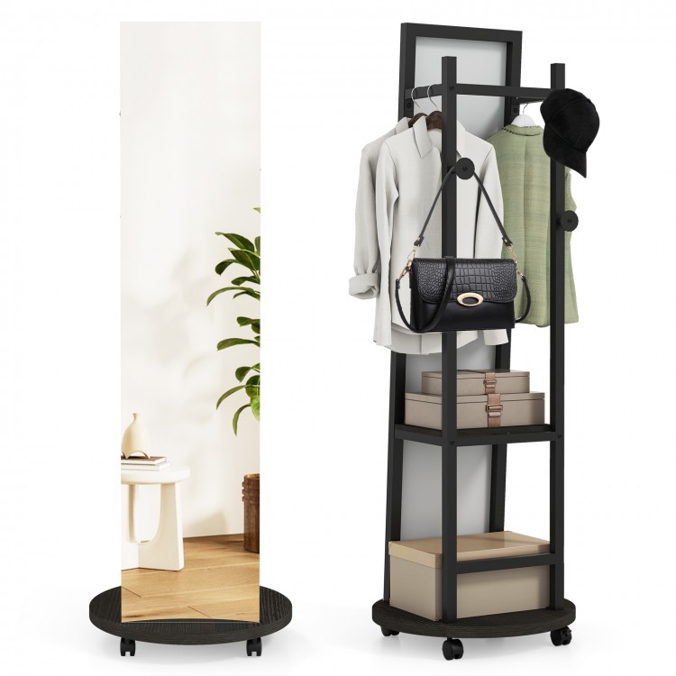 Freestanding coat rack with full-length mirror, 3 hooks, and storage shelves in walnut finish for compact spaces.