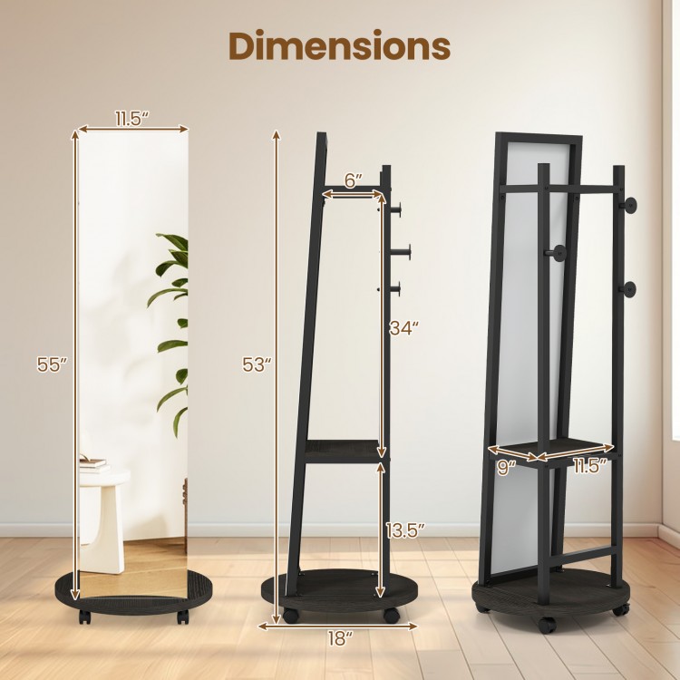 Freestanding coat rack with full-length mirror, walnut finish, featuring 3 hooks and bottom storage shelves for compact.