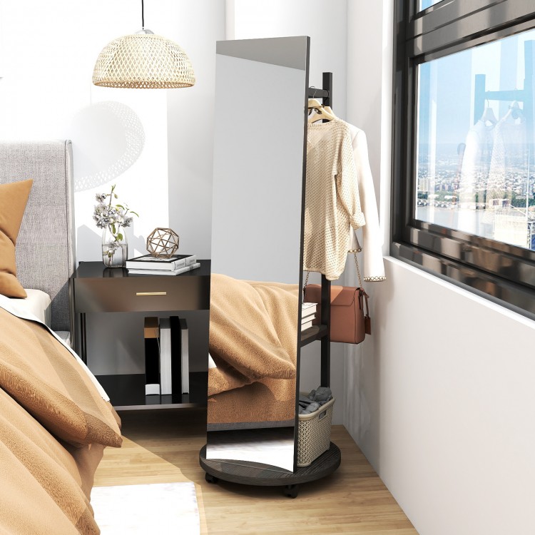 Freestanding coat rack with full-length mirror, walnut finish, featuring 3 hooks and bottom storage for shoes and bags.