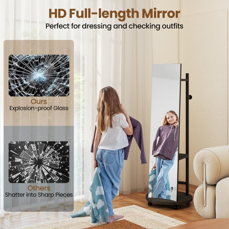 Freestanding coat rack with full-length mirror, walnut finish, featuring explosion-proof glass and storage shelves for.