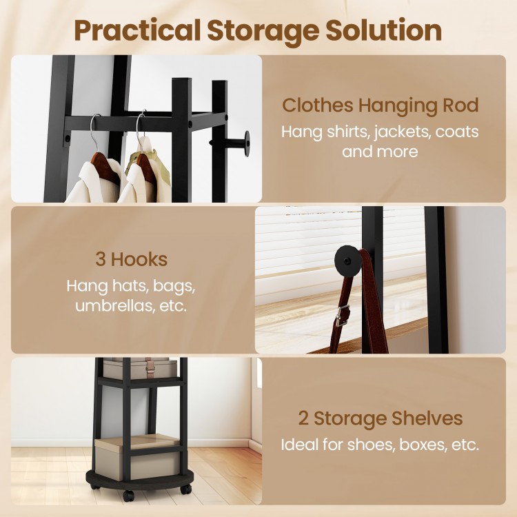 Freestanding coat rack with full-length mirror, 3 hooks, and 2 storage shelves for organizing coats and shoes.