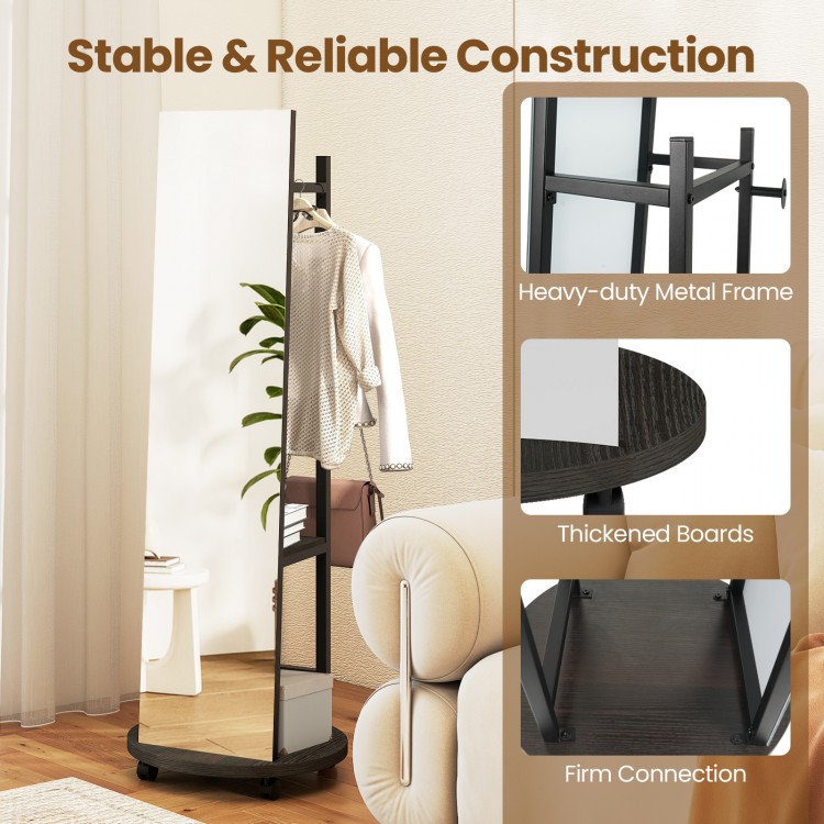 Freestanding coat rack with full-length mirror, walnut finish, featuring 3 hooks and bottom storage shelves for.