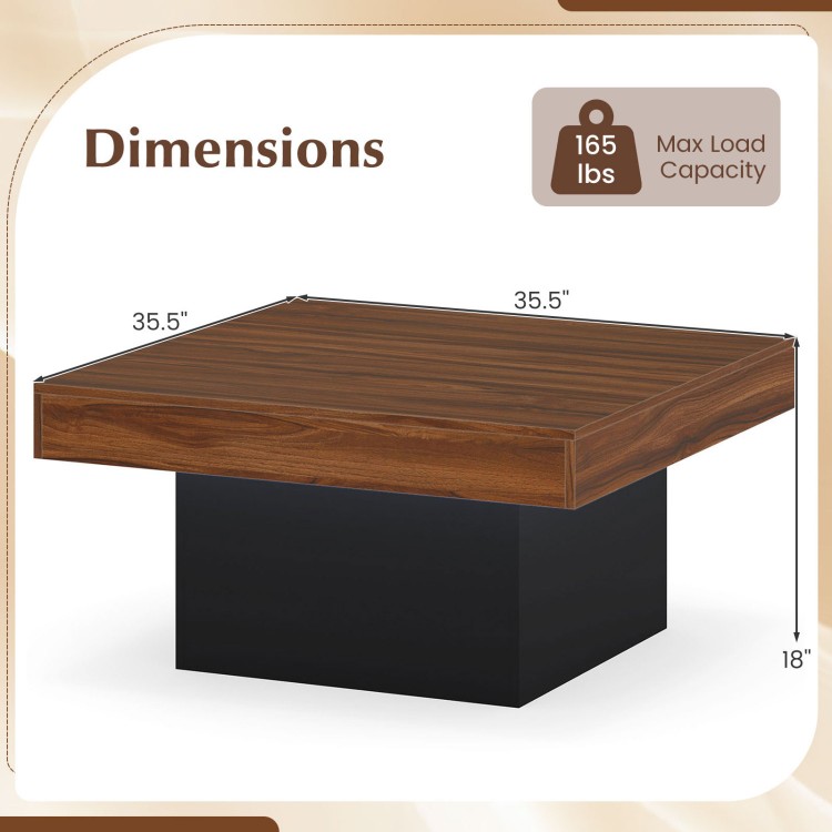 Dimensions of the rustic brown coffee table accent table with LED lights, measuring 35.5" x 35.5" x 18".