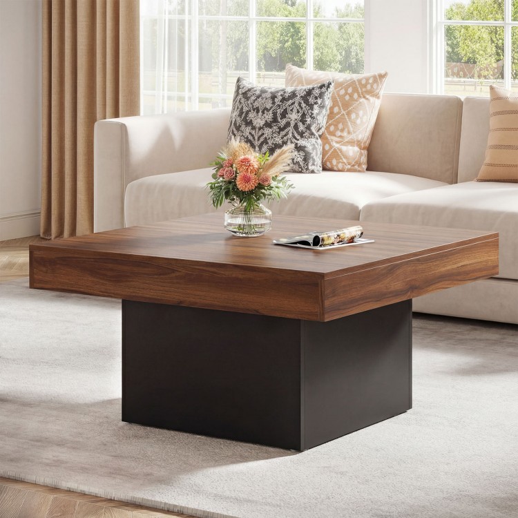 Rustic brown coffee table with LED lights, spacious surface, and modern design for stylish living room decor.