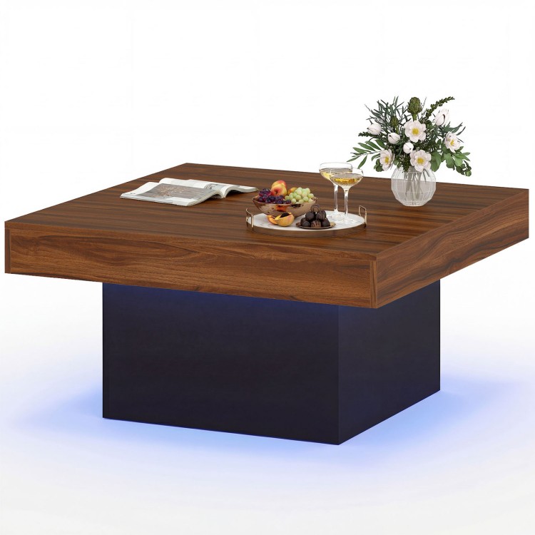 Rustic brown coffee table with LED lights, spacious surface, and remote control for dynamic color settings.