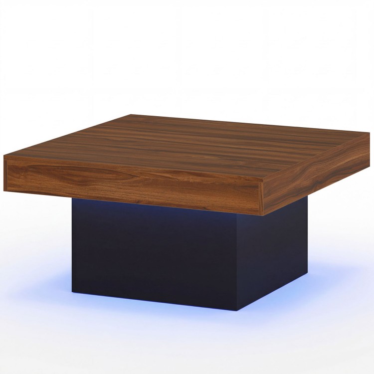 Rustic brown coffee table with LED lights, spacious surface, and protective foot pads for stylish living room decor.