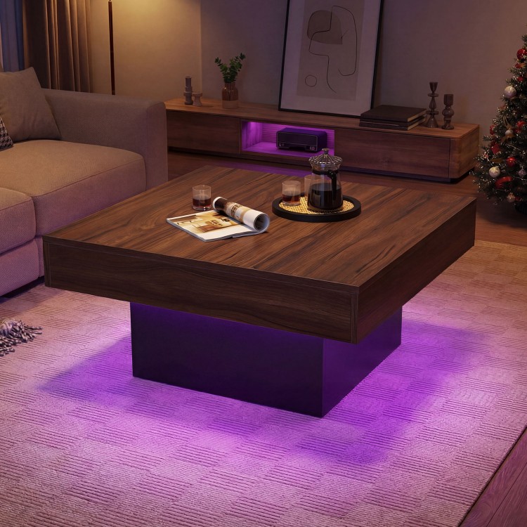 Rustic brown coffee table with LED lights, spacious surface, and remote control for dynamic mood settings.