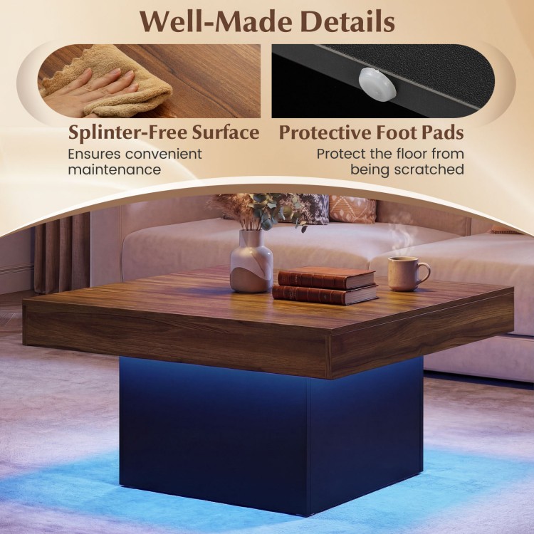 Rustic brown coffee table with LED lights, splinter-free surface, and protective foot pads for stylish living room use.