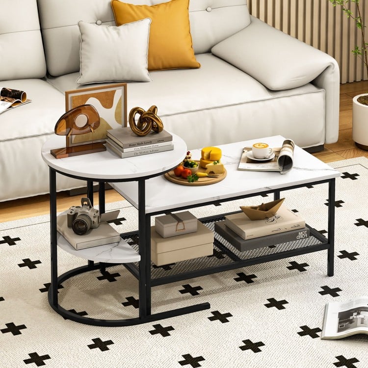 Set of 2 coffee tables featuring a white faux marble surface and metal frame, ideal for modern living room decor.