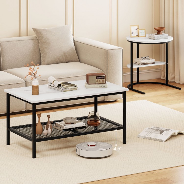 Rectangle coffee table set with white faux marble top and metal frame, featuring two tiers for storage in a modern.