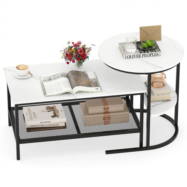 Rectangle coffee table and round side table set with white faux marble surface and storage shelves for modern living.