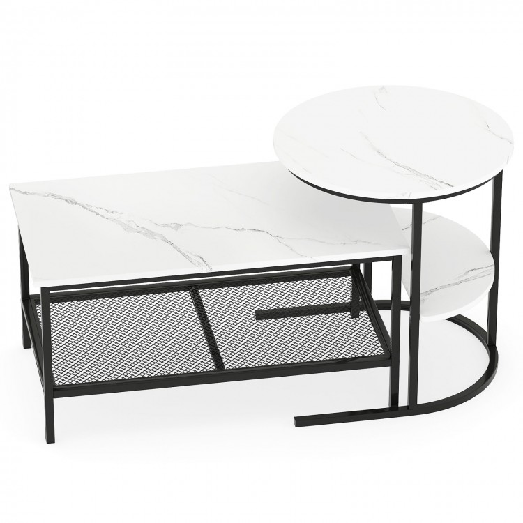 Rectangle coffee table set with white faux marble surface and mesh shelf for stylish storage in modern living spaces.