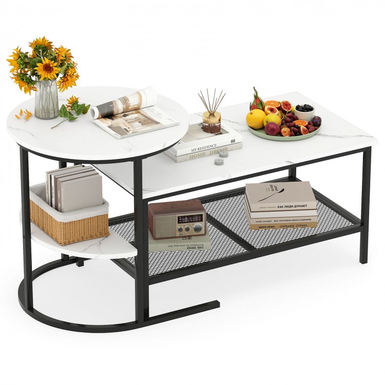 Round and rectangle coffee tables in white with faux marble tops and metal shelves, perfect for modern living spaces.