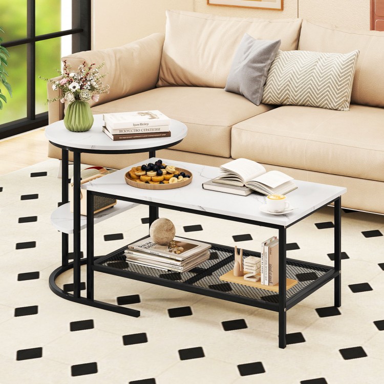 Set of 2 coffee tables featuring a white faux marble top and black metal frame, ideal for modern living room decor.