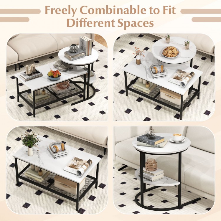 Rectangle coffee table and side table set with white faux marble surface, featuring storage shelves for versatile use.