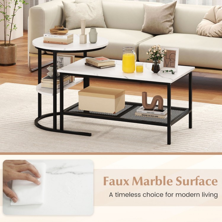 Coffee table set featuring a white faux marble surface and black metal frame, ideal for modern living spaces.