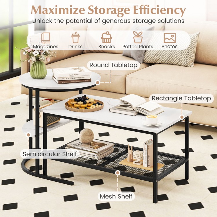 Rectangle coffee table and side end table set with white faux marble surface and storage shelves for versatile use.