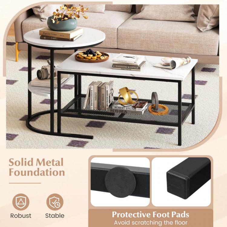 Rectangle coffee table set with white faux marble and solid metal foundation, featuring storage shelves for versatile.