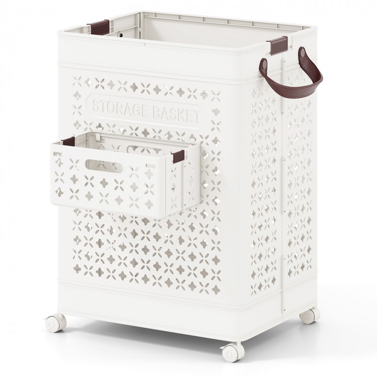 Collapsible laundry basket with a 20-gallon capacity, featuring a small hanging basket and wheels for easy mobility.