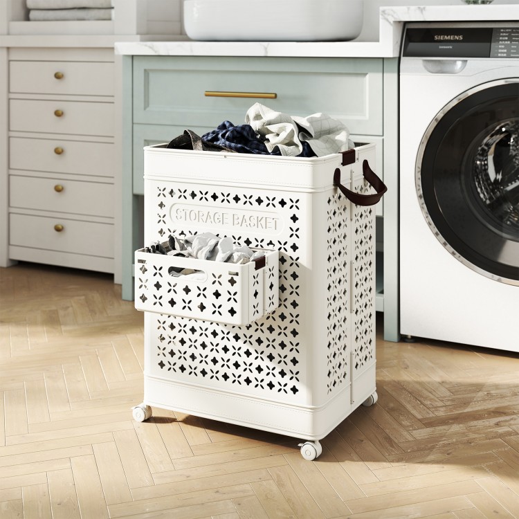 Collapsible white laundry basket with a large and small basket, featuring wheels for easy mobility and foldable design.