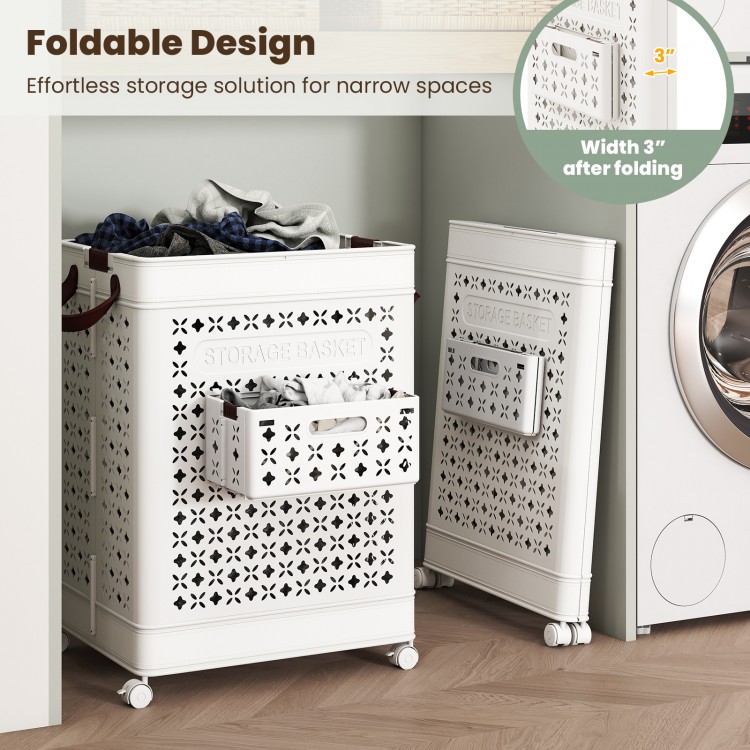 Collapsible laundry basket set in white, featuring a large bin and small hanging basket for versatile storage solutions.