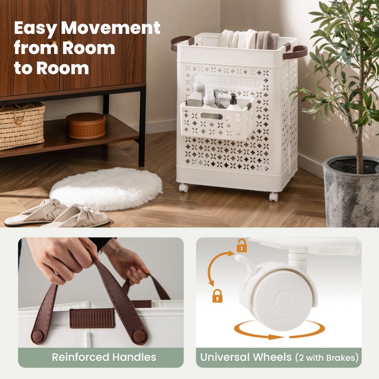 Collapsible white laundry basket with reinforced handles and universal wheels, ideal for versatile storage and easy.