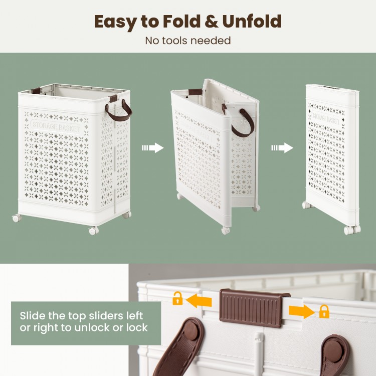 Collapsible laundry basket in white, 20-gallon capacity, foldable design with wheels for easy storage and mobility.