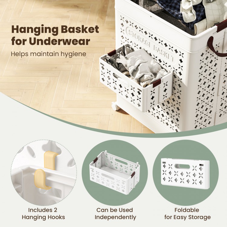Collapsible laundry basket with a large bin and small hanging basket, made of waterproof PP material for versatile.
