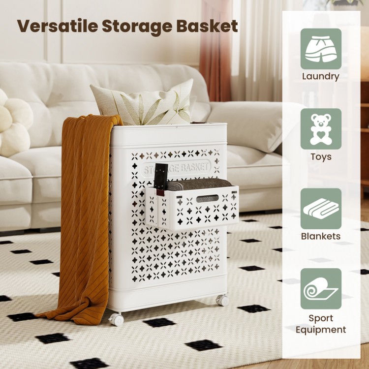Collapsible white laundry basket with wheels, 20-gallon capacity, ideal for laundry, blankets, and toys storage.