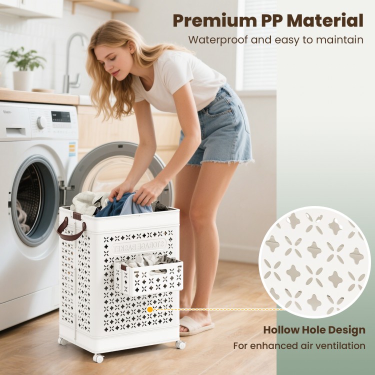 Collapsible laundry basket in white with a hollow hole design, featuring wheels for easy mobility and space-saving.