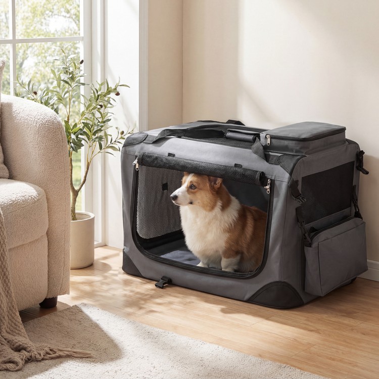 Collapsible soft dog crate with mesh windows, featuring three doors, ideal for travel and pet comfort.