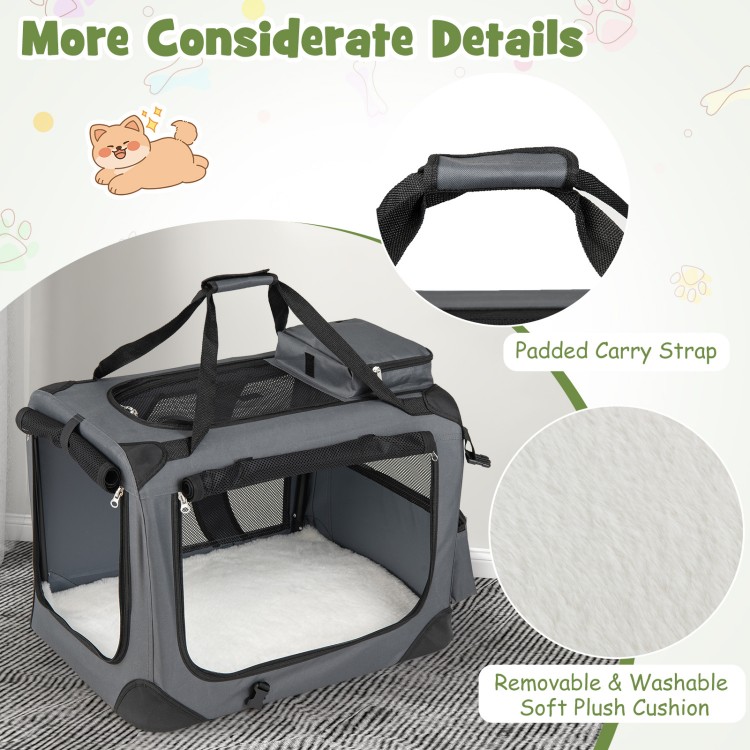 Collapsible soft dog crate with mesh windows, padded carry strap, and removable plush cushion for easy travel.