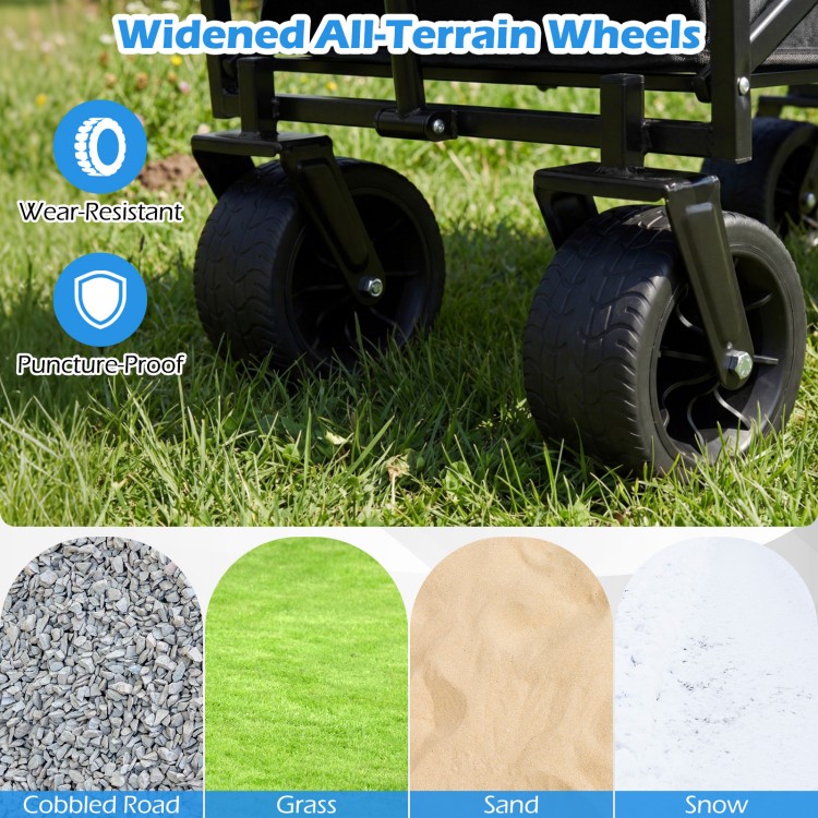 Widened all-terrain wheels of the collapsible wagon, designed for smooth movement on grass, sand, and rough surfaces.