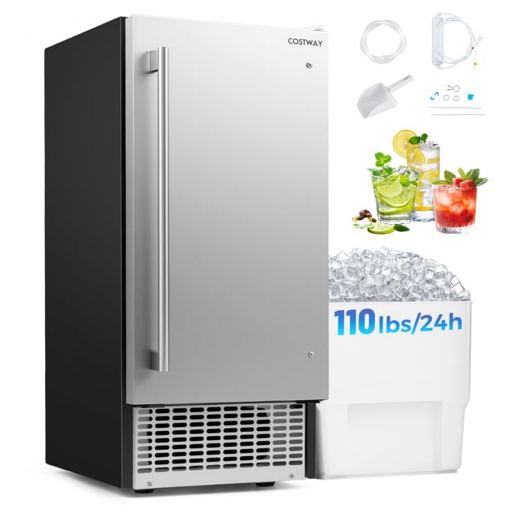 Commercial ice maker with stainless steel housing, 110 lbs/day capacity, perfect for restaurants and bars.