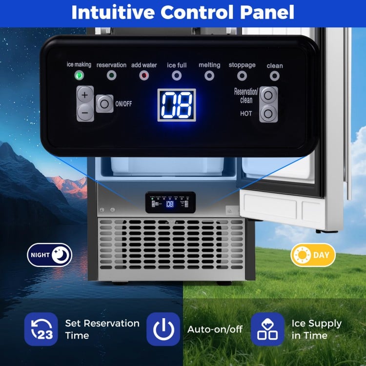 User-friendly control panel of the Commercial Ice Maker with indicators for easy operation and reservation settings.