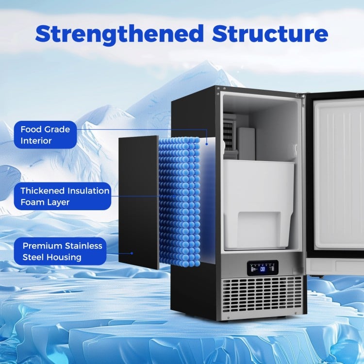 Commercial ice maker with premium stainless steel housing, food-grade interior, and thickened insulation for efficient.