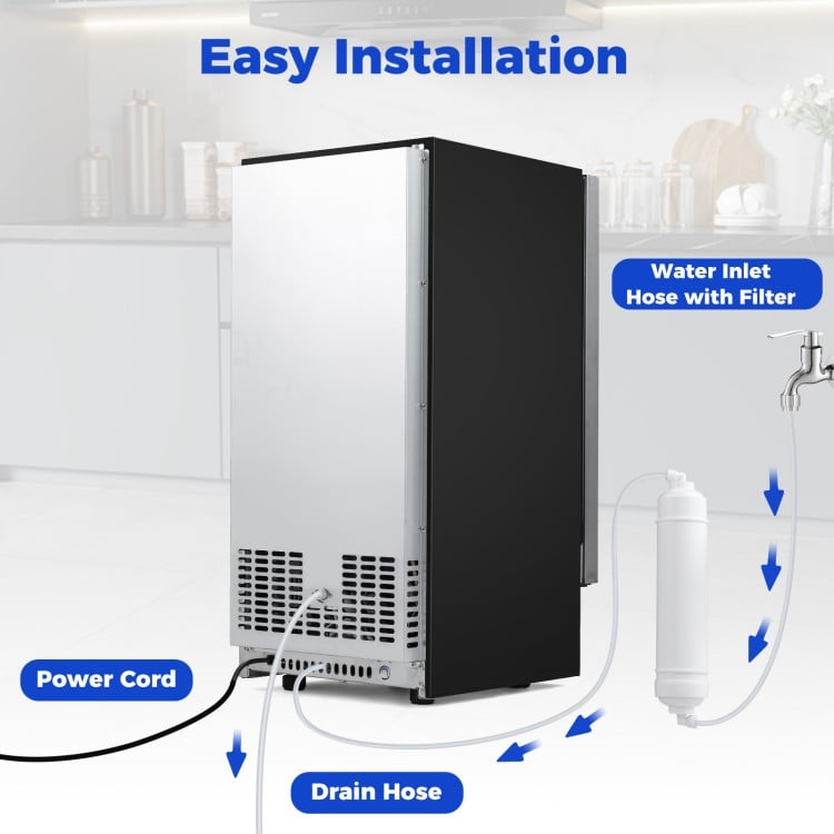 Back view of the Commercial Ice Maker showing water inlet and drain hoses, power cord, and easy installation features.