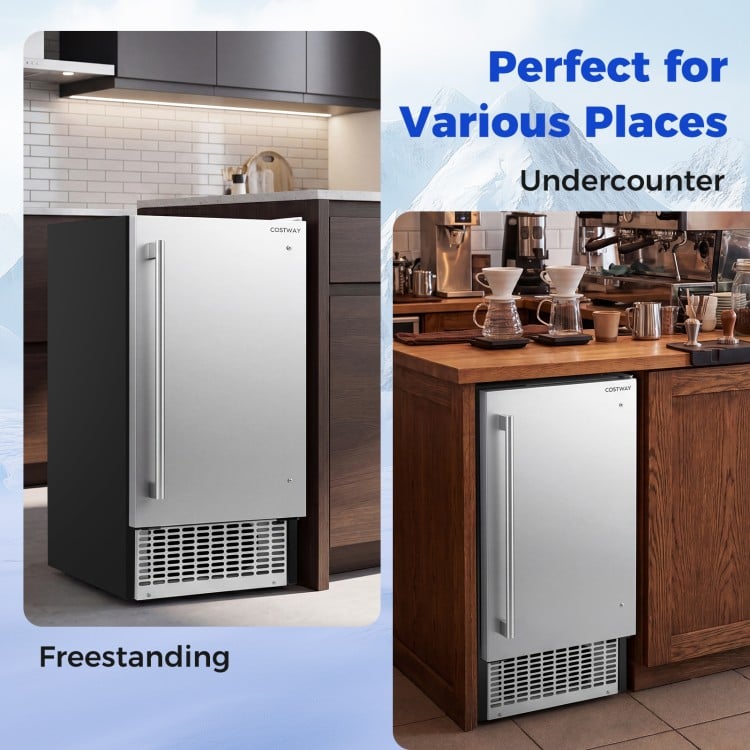 Freestanding undercounter ice maker with stainless steel housing, 110 lbs/day capacity, perfect for home or commercial.