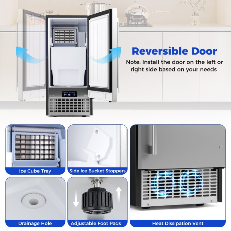 Commercial ice maker with reversible door, 110 lbs/day capacity, stainless steel housing, ideal for home or restaurant.