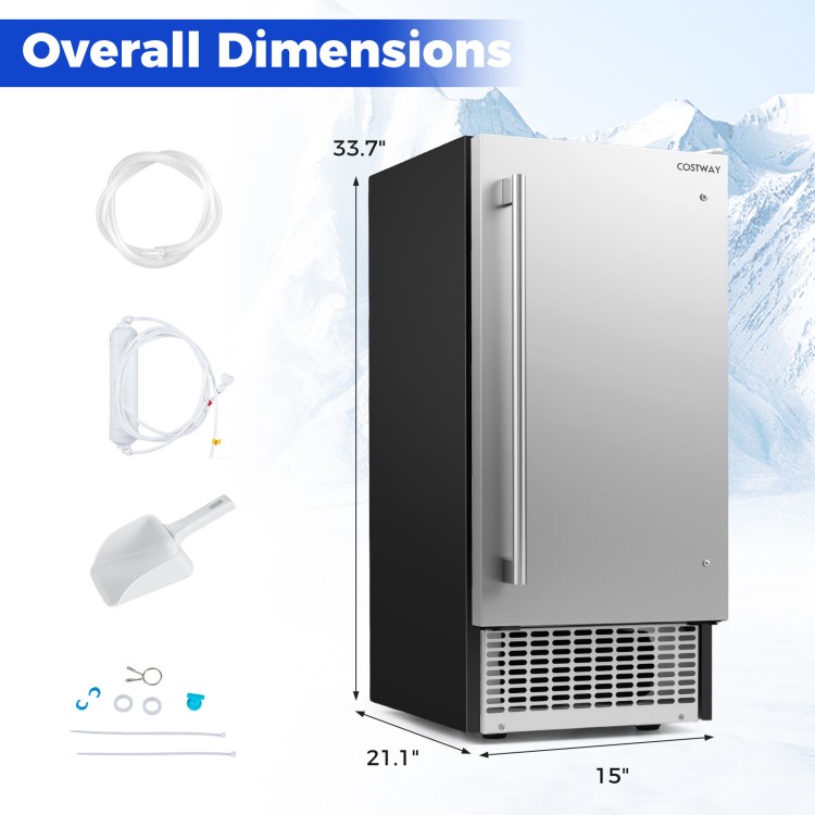 Commercial ice maker with stainless steel housing, 110 lbs/day capacity, and dimensions of 33.7" x 21.1" x 15" for.