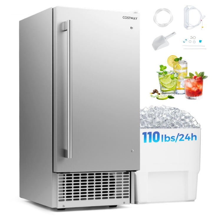 Commercial ice maker with stainless steel housing, 25 lbs storage, and 110 lbs/day capacity, perfect for home bars and.