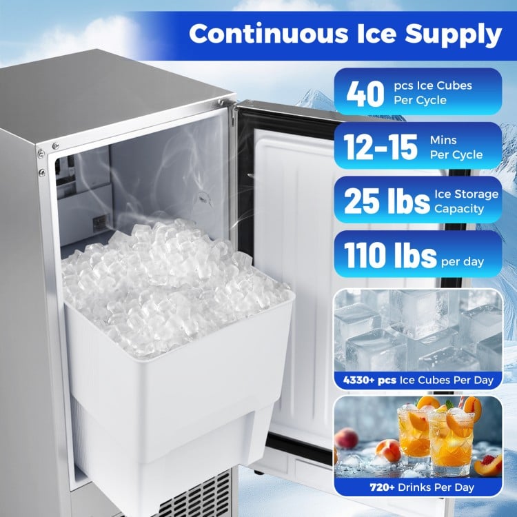 Commercial ice maker with 25 lbs storage, producing 40 ice cubes per cycle, perfect for home bars and cafes.
