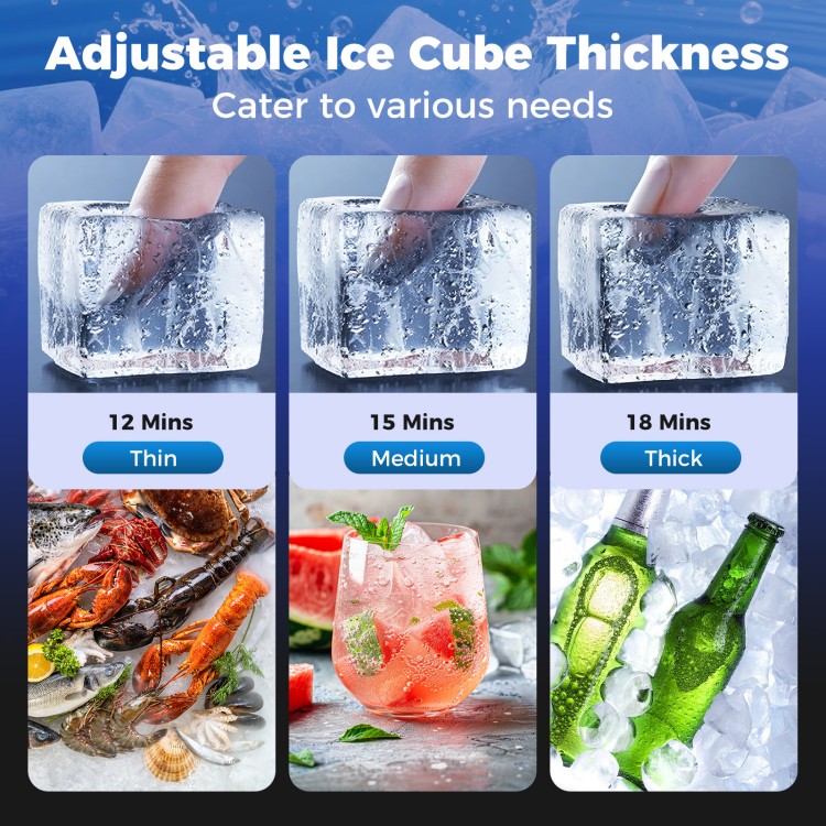 Adjustable ice cube thickness settings for the commercial ice maker, perfect for home bars and cafes.