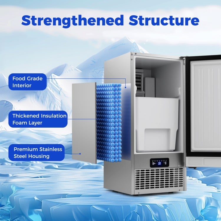 Commercial ice maker showcasing premium stainless steel housing, food grade interior, and thickened insulation foam.
