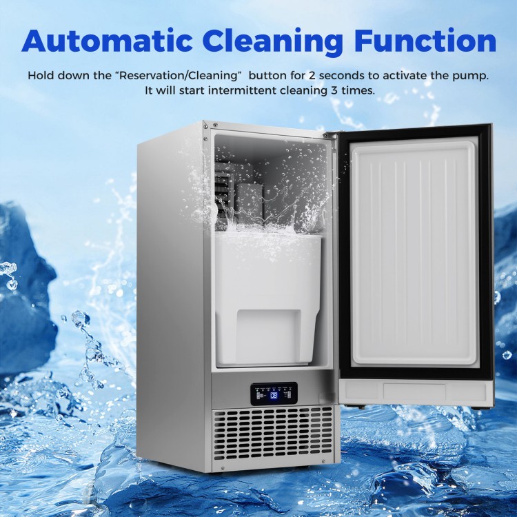 Commercial ice maker with stainless steel housing, automatic cleaning function, and 25 lbs storage capacity for home.
